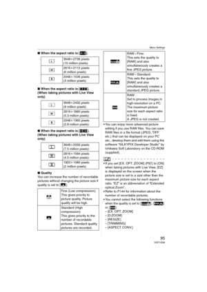 Page 95Menu Settings
95VQT1G28
∫When the aspect ratio is [ ].
∫When the aspect ratio is [ ].
(When taking pictures with Live View 
only)
∫When the aspect ratio is [ ].
(When taking pictures with Live View 
only)
∫Quality
You can increase the number of recordable 
pictures without changing the picture size if 
quality is set to [ ]. You can enjoy more advanced picture 
editing if you use RAW files. You can save 
RAW files in a file format (JPEG, TIFF 
etc.) that can be displayed on your PC 
etc., develop them...