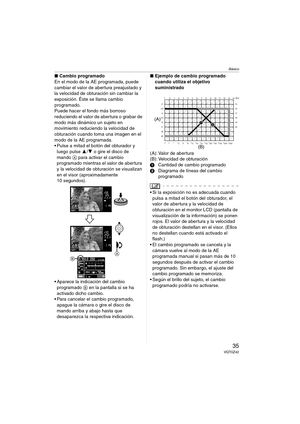 Page 35Básico
35VQT0Z42
∫Cambio programado
En el modo de la AE programada, puede 
cambiar el valor de abertura preajustado y 
la velocidad de obturación sin cambiar la 
exposición. Éste se llama cambio 
programado.
Puede hacer el fondo más borroso 
reduciendo el valor de abertura o grabar de 
modo más dinámico un sujeto en 
movimiento reduciendo la velocidad de 
obturación cuando toma una imagen en el 
modo de la AE programada.
 Pulse a mitad el botón del obturador y 
luego pulse 3/4 o gire el disco de 
mando...