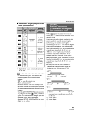 Page 85Ajustes de menú
85VQT0Z42
∫Tamaño de la imagen y ampliación del 
zoom óptico adicional
¢Equivalente a una cámara de película 
de 35 mm
 Se refiera a P83 para una relación de 
aspecto y para P82 el tamaño de la 
imagen.
 “EZ” es una abreviación de 
“Extra optical Zoom”.
 Puede aumentar aún más la ampliación 
del zoom usando el zoom óptico adicional 
sin preocuparse más de la distorsión de la 
imagen.
 Cuando [ZOOM ÓPT.EXT.] está ajustado 
en [ON], se visualiza [ ] en la pantalla si 
ajusta a un tamaño...