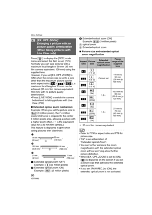 Page 80Menu Settings
80VQT0W82
Press [ ] to display the [REC] mode 
menu and select the item to set. (P75)
Normally you can take pictures with a 
maximum focal length of 50 mm (35 mm 
film camera equivalent: 100 mm) using the 
supplied lens.
However, if you set [EX. OPT. ZOOM] to 
[ON] when the picture size is set to a size 
other than the maximum picture size for 
each aspect ratio ([ ]/[ ]/[ ]), a 
maximum focal length of 75 mm can be 
achieved (35 mm film camera equivalent: 
150 mm) with no picture quality...
