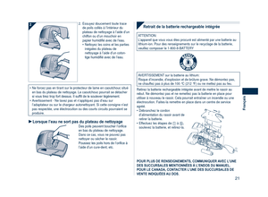 Page 21
1
Français

Retrait de la batterie rechargeable intégrée
ATTENTION:L’appareil que vous vous êtes procuré est alimenté par une ba\
tterie au lithium-ion. Pour des renseignements sur le recyclage de la batterie, veuillez composer le 1-800-8-BATTERY
R B R C
L i - i o nT M
AVERTISSEMENT sur la batterie au lithium:Risque d’incendie, d’explosion et de brûlure grave. Ne démon\
tez pas, 
ne chauffez pas à plus de 100 °C (212 °F) ou ne mettez pas au feu.
Retirez la batterie rechargeable intégrée avant de...