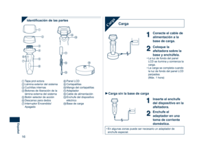 Page 16
16
Español

CargaCarga
Inserte el enchufe 
del dispositivo en la 
afeitadora.
Enchufe el 
adaptador en una 
toma de corriente 
doméstica.
• En algunas zonas puede ser necesario un adaptador de enchufe especial.
Identiﬁcación de las partes
�
�
�
�
�
��
�
��
 Tapa prot ectora Lámina exterior del sistema Cuchillas internas Botones de liberación de la lámina externa del sistema Botón selector de acción  Descanso para dedos Interruptor Encendido/Apagado
 Panel LCD Cortapatillas Mango del...
