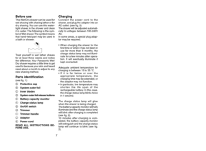 Page 57
Before useThis Wet/Dry shaver can be used for 
wet shaving with shaving lather or for
dry shaving. You can use this water-
tight shaver in the shower and clean
it in water. The following is the sym-
bol of Wet shaver. The symbol means
that hand-held part may be used in
a bath or shower.
7
 1@&4@64   1.  Ö”´ 