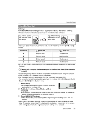 Page 2121
Preparation/Basic
 (ENG) SQT0898
Rotating:
Selection of items or setting of values is performed during the various settings.
•
This owner's manual describe operations of the front dial/rear  dial as follows:
Allows you to set the aperture, shutter speed, and other settings when in  / / /  
modes.
•
In [Dial Set.] in the [Custom] menu, you can change the operati on methods of the rear dial and 
front dial.
Temporarily changing the items assigned to the front/rear dials  ([Dial Operation 
Switch])...