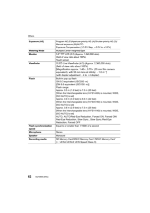 Page 6262
Others
SQT0898 (ENG) 
Exposure (AE)Program AE (P)/Aperture-priority AE (A)/Shutter-priority AE (S) /
Manual exposure (M)/AUTO
Exposure Compensation (1/3 EV Step,  j5 EV to i 5EV)
Metering Mode Multiple/Center weighted/Spot
Monitor 3.0q TFT LCD (3:2) (Approx. 1,040,000 dots)
(field of view ratio about 100%)
Touch screen
Viewfinder
OLED Live Viewfinder (4:3) (Approx. 2,360,000 dots)
(field of view ratio about 100%) 
[Magnification approx. 1.40
k, 0.70k (35 mm film camera 
equivalent), with 50 mm lens at...