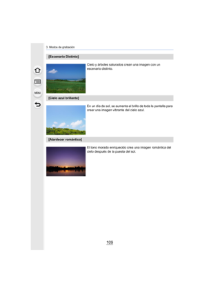 Page 109109
3. Modos de grabación
[Escenario Distinto]Cielo y árboles saturados crean una imagen con un 
escenario distinto.
[Cielo azul brillante]En un día de sol, se aumenta el brillo de toda la pantalla para 
crear una imagen vibrante del cielo azul.
[Atardecer romántico]El tono morado enriquecido crea una imagen romántica del 
cielo después de la puesta del sol. 