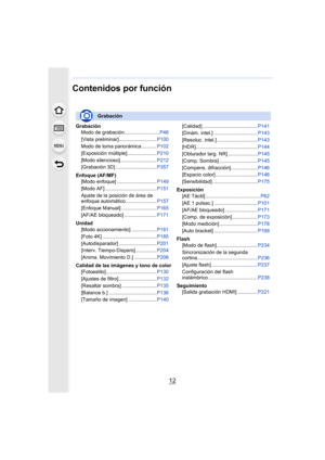 Page 1212
Contenidos por función
GrabaciónModo de grabación......................... P46
[Vista preliminar]........................... P100
Modo de toma panorámica........... P102
[Exposición múltiple]..................... P210
[Modo silencioso].......................... P212
[Grabación 3D] ............................. P357
Enfoque (AF/MF) [Modo enfoque] ............................ P149
[Modo AF] ..................................... P151
Ajuste de la posición de área de 
enfoque automático...