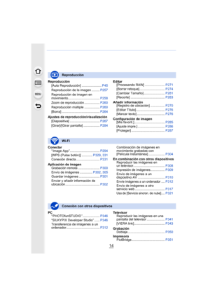 Page 1414
Reproducción[Auto Reproducción] ...................... P45
Reproducción de la imagen ......... P257
Reproducción de imagen en 
movimiento................................... P258
Zoom de reproducción ................. P260
Reproducción múltiple ................. P260
[Borra] .......................................... P264
Ajustes de reproducción/visualización [Diapositiva] ................................. P267
[Girar]/[Girar pantalla] .................. P284Editar
[Procesando RAW]...