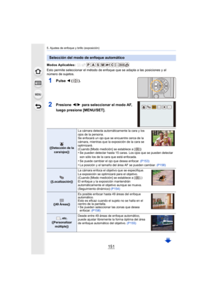 Page 151151
5. Ajustes de enfoque y brillo (exposición)
Modos Aplicables: 
Esto permite seleccionar el método de enfoque que se adapta a las posiciones y al 
número de sujetos.
1Pulse 2 ().
2Presione  2/1 para seleccionar el modo AF, 
luego presione [MENU/SET].
Selección del modo de enfoque automático
([Detección de la  cara/ojos]) La cámara detecta automáticamente la cara y los 
ojos de la persona.
Se enfocará un ojo que se encuentre cerca de la 
cámara, mientras que la exposición de la cara se 
optimizará....