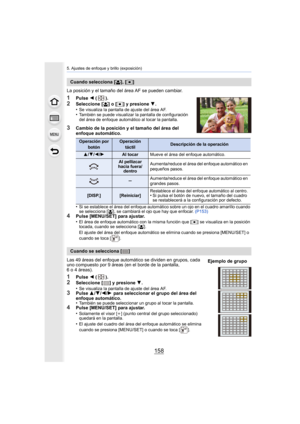 Page 1585. Ajustes de enfoque y brillo (exposición)
158
La posición y el tamaño del área AF se pueden cambiar.
1Pulse 2 ().
2Seleccione [ š] o [Ø ] y presione 4 .
•Se visualiza la pantalla de ajuste del área AF.•También se puede visualizar la pantalla de configuración 
del área de enfoque automático al tocar la pantalla.
3Cambio de la posición y el tamaño del área del 
enfoque automático.
•
Si se establece el área del enfoque automático sobre un ojo en el cuadro amarillo cuando 
se selecciona [ š], se cambiará...