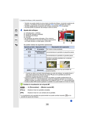 Page 1665. Ajustes de enfoque y brillo (exposición)
166
•También se puede ampliar la zona al girar el anillo de enfoque, moviendo la palanca de 
enfoque, o al pellizcar hacia fuera la pantalla (P59) o tocar la pantalla dos veces.
•También puede ajustar la posición del enfoque arrastrando  (P59) la pantalla.•Al pulsar [DISP.] la posición del enfoque vuelve al centro.
4Ajuste del enfoque.
AIndicador para  ¶ (infinito)
B Ayuda MF (pantalla ampliada)
C Asistente de enfoque
D Guía MF
•Se resaltarán las partes...