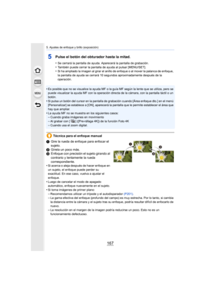 Page 167167
5. Ajustes de enfoque y brillo (exposición)
5Pulse el botón del obturador hasta la mitad.
•Se cerrará la pantalla de ayuda. Aparecerá la pantalla de grabación.
•También puede cerrar la pantalla de ayuda al pulsar [MENU/SET].•Si ha ampliado la imagen al girar el anillo de enfoque o al mover la palanca de enfoque, 
la pantalla de ayuda se cerrará 10 segundos aproximadamente después de la 
operación.
•Es posible que no se visualice la ayuda MF o la guía MF según la lente que se utiliza, pero se 
puede...