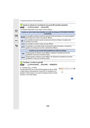 Page 169169
5. Ajustes de enfoque y brillo (exposición)
Ajustar el método de visualización de ayuda MF (pantalla ampliada)
•
Los ajustes disponibles varían según la lente utilizada.
Visualizar u ocultar la guía MF
A Indicador para  ¶ (infinito)
Cuando [Guía MF] en el menú [Personalizar] se fija en [ON] 
y usted enfoca manualmente, la guía MF se visualiza en la 
pantalla. Puede revisar si el punto de enfoque está en el lado 
cercano o en el lado lejano. >
 [Personalizar]  > [Ayuda MF]
Cuando se usa la lente...