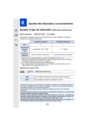 Page 179179
6.  Ajustes del obturador y accionamiento
Ajustar el tipo de obturador 
([Obturador electrónico])
Modos Aplicables: 
Puede utilizar cualquiera de los dos obtur adores para tomar imágenes: el obturador 
mecánico o el obturador electrónico.
¢ 1 Esta opción solo está disponible en el modo de exposición manual. (P97)
¢ 2 Hasta una sensibilidad ISO de  [ISO3200]. Cuando el ajuste sea mayor de [ISO3200], la 
velocidad del obturador será inferior a 1 segundo.
¢ 3 No se puede silenciar el sonido mecánico del...