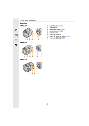 Page 1919
1. Antes de usar el dispositivo
∫Objetivo
H-FS1442A 1 Superficie de la lente
2 Teleobjetivo
3 Anillo de enfoque (P165)
4 Anillo de zoom  (P224)
5 Gran angular
6 Punto de contacto
7 Marca de ajuste de la lente  (P36)
8 Interruptor [O.I.S.]  (P222)
H-FS45150
H-FS14140
345 6 712
34 6 7
15 2
13248567 
