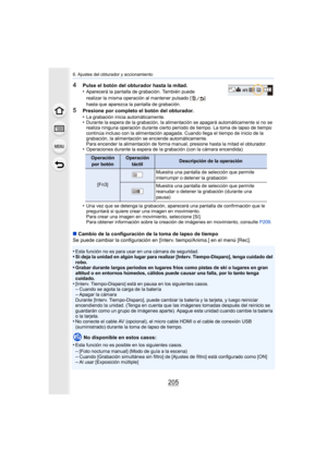 Page 205205
6. Ajustes del obturador y accionamiento
4Pulse el botón del obturador hasta la mitad.
•Aparecerá la pantalla de grabación. También puede 
realizar la misma operación al mantener pulsado [ ] 
hasta que aparezca la pantalla de grabación.
5Presione por completo el botón del obturador.
•La grabación inicia automáticamente.•Durante la espera de la grabación, la alimentación se apagará automáticamente si no se 
realiza ninguna operación durante cierto período de tiempo. La toma de lapso de tiempo...