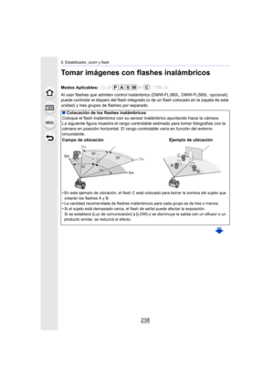 Page 2388. Estabilizador, zoom y flash
238
Tomar imágenes con flashes inalámbricos
Al usar flashes que admiten control inalámbrico (DMW-FL360L, DMW-FL580L: opcional), 
puede controlar el disparo del flash integrado (o  de un flash colocado en la zapata de esta 
unidad) y tres grupos de flashes por separado. Modos Aplicables: 
∫ Colocación de los flashes inalámbricos
Coloque el flash inalámbrico con su sens or inalámbrico apuntando hacia la cámara.
La siguiente figura muestra el rango controlable estimado para...