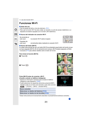 Page 291291
11. Uso de la función Wi-Fi
Funciones Wi-Fi
∫Antes del uso
•Fije los ajustes de fecha y hora de antemano.  (P41)
•Para usar la función Wi-Fi de esta unidad, se necesita un punto de acceso inalámbrico o un 
dispositivo de destino equipado con la función LAN inalámbrica.
∫Acerca del indicador de conexión Wi-Fi
∫ Acerca del botón [Wi-Fi]
En estas instrucciones de uso, por botón [Wi-Fi] se entenderá aquel botón de función al que 
se haya asignado [Wi-Fi]. (En el momento de la compra, [Wi-Fi] estará...