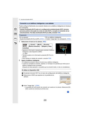 Page 295295
11. Uso de la función Wi-Fi
Puede configurar fácilmente una conexión directa con su teléfono inteligente sin introducir 
una contraseña.
Cuando [Contraseña Wi-Fi] está en la configuración predeterminada [OFF], terceras 
personas podrían interceptar las ondas de radio Wi-Fi y recopilar el contenido de las 
comunicaciones. Para fijar [Contraseña Wi-Fi] en [ON], consulte  P296.
1Seleccione el menú en la cámara. (P63)
•
Aparece la información necesaria para conectar el teléfono 
inteligente a este...