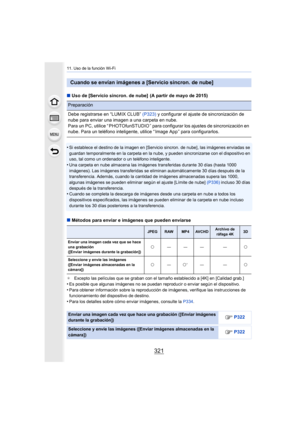 Page 321321
11. Uso de la función Wi-Fi
∫Uso de [Servicio sincron. de nube]  (A partir de mayo de 2015)
•
Si establece el destino de la imagen en [Servicio sincron. de nube], las imágenes enviadas se 
guardan temporalmente en la carpeta en la nube, y pueden sincronizarse con el dispositivo en 
uso, tal como un ordenador o un teléfono inteligente.
•Una carpeta en nube almacena las imágenes transferidas durante 30 días (hasta 1000 
imágenes). Las imágenes transferidas se eliminan automáticamente 30 días después de...