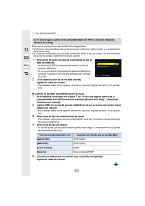 Page 33011. Uso de la función Wi-Fi
330
Busque los puntos de acceso inalámbrico disponibles.
•Confirme la clave de cifrado del punto de acceso inalámbrico seleccionado si la autenticación 
de la red se cifra.
•Al conectar con [Introducción manual], confirme el  SSID, el tipo de cifrado, la clave de cifrado 
del punto de acceso inalámbrico que está usando.
1Seleccione el punto de acceso inalámbrico al que se 
está conectando.
•
Al presionar [DISP. ]  se buscará de nuevo el punto de 
acceso inalámbrico.
•Si no se...