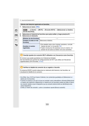 Page 333333
11. Uso de la función Wi-Fi
1Seleccione el menú. (P63)
2Seleccione el historial de favoritos que quiera editar y luego presione  1.3Seleccione el elemento.
•
Con [Rest. Ajus. Wi-Fi] se limpia el historial y los contenidos guardados en [Seleccionar un 
destino de mis favoritos].
•Cuando se conecta a una red a la que se conectan varios ordenadores utilizando [Seleccionar 
un destino del histórico] o [Seleccionar un destino  de mis favoritos], puede que falle el intento 
de conexión debido a que el...