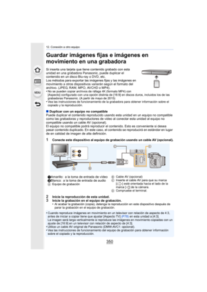 Page 35012. Conexión a otro equipo
350
Guardar imágenes fijas e imágenes en 
movimiento en una grabadora
Si inserta una tarjeta que tiene contenido grabado con esta 
unidad en una grabadora Panasonic, puede duplicar el 
contenido en un disco Blu-ray o DVD, etc.
Los métodos para exportar las imágenes fijas y las imágenes en 
movimiento a otros dispositivos variarán según el formato del 
archivo. (JPEG, RAW, MPO, AVCHD o MP4).
•
No se pueden copiar archivos de ráfaga 4K (formato MP4) con 
[Aspecto] configurado con...