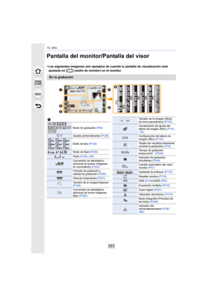 Page 365365
13. Otro
Pantalla del monitor/Pantalla del visor
•Las siguientes imágenes son ejemplos de cuando la pantalla de visualización está 
ajustada en [ ] (estilo de monitor) en el monitor.
En la grabación
98 98
98200
0020020060
60
60
3.5
3.5
3.5
AFS
AFS
AFSL4:3
0
0AEL
AEL
AELBKT
BKT
BKTAWB
AWB
AWB
30 p0é0å0ó
0é0å0ó··
Fn10 Fn10
Fn10
Fn10Fn7
Fn7
Fn7
Fn7 Fn6 Fn6
Fn6
Fn6
Fn8
Fn8
Fn8
Fn8
Fn9
Fn9
Fn9
Fn9SNAP
SNAPSNAPISO
ISO
SS
SS
SS
F
FMINI
MINI
MINI
MINI

  

1
Modo de grabación 
(P46)
Ajustes...