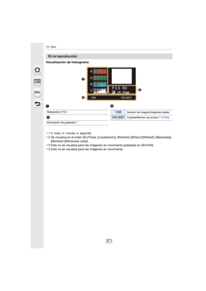 Page 371371
13. Otro
Visualización de histograma
¢1 h: hora, m: minuto, s: segundo
¢ 2 Se visualiza en el orden de [Título], [Localizac ión], [Nombre] ([Niños1]/[Niños2], [Mascotas]), 
[Nombre] ([Reconoce cara]).
¢ 3 Esto no se visualiza para las imágenes en movimiento grabadas en [AVCHD].
¢ 4 Esto no se visualiza para las imágenes en movimiento.
En la reproducción
1/98
F3.5 60ISO2000
100-0001



1
3
Histograma 
(P55)
2
Información de grabación¢3
1/98Número de imagen/Imágenes totales
100-0001Carpeta/Número de...