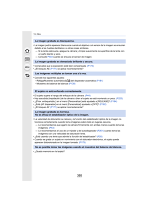 Page 38813. Otro
388
•La imagen podría aparecer blancuzca cuando el objetivo o el sensor de la imagen se ensucian 
debido a las huellas dactilares o a otras cosas similares.> Si la lente está sucia, apague la cámara y limpie suavemente la superficie de la lente con 
un paño blando y seco.
> Consulte  P403 cuando se ensucia el sensor de imagen.
•Compruebe que la exposición esté bien compensada.  (P173)•¿El bloqueo AE (P171) se aplica incorrectamente?
•Cancele los siguientes ajustes:
–Ráfaga/Muestreo automático/[...