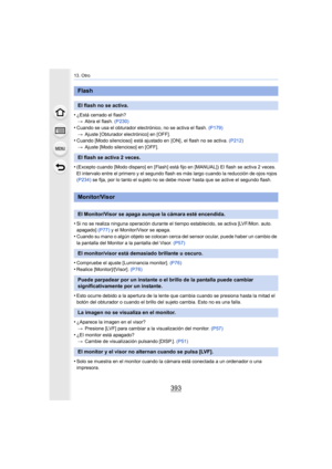 Page 393393
13. Otro
•¿Está cerrado el flash?> Abra el flash.  (P230)
•Cuando se usa el obturador electrónico, no se activa el flash.  (P179)
> Ajuste [Obturador electrónico] en [OFF].
•Cuando [Modo silencioso]  está ajustado en  [ON] , el flash no se activa.  (P212)
> Ajuste [Modo silencioso] en [OFF].
•(Excepto cuando [Modo disparo] en [Flash] está fijo en [MANUAL]) El flash se activa 2 veces. 
El intervalo entre el primero y el segundo flash es más largo cuando la reducción de ojos rojos 
(P234)  se fija, por...