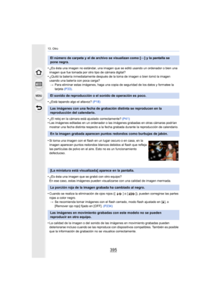 Page 395395
13. Otro
•¿Es ésta una imagen no estándar, una imagen que se editó usando un ordenador o bien una 
imagen que fue tomada por otro tipo de cámara digital?
•¿Quitó la batería inmediatamente después de la toma de imagen o bien tomó la imagen 
usando una batería con poca carga?> Para eliminar estas imágenes, haga una copia de seguridad de los datos y formatee la 
tarjeta  (P33).
•¿Está tapando algo el altavoz?  (P18)
•¿El reloj en la cámara está ajustado correctamente?  (P41)•Las imágenes editadas en un...