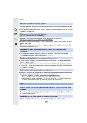 Page 40013. Otro
400
•Desconecte el cable de conexión USB. Conéctelo de nuevo mientras la tarjeta está insertada 
en la cámara.
•Si hay dos o más terminales USB en un único ordenador, intente conectar el cable de conexión 
USB a otro terminal USB.
•Verifique si su ordenador es compatible con las tarjetas de memoria SDXC.
http://panasonic.net/avc/sdcard/information/SDXC.html
•Se puede visualizar un mensaje que le pide que formatee la tarjeta cuando conecta la cámara, 
pero no la formatee.
•Si [Acceso] visualizado...