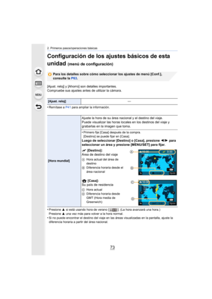 Page 7373
2. Primeros pasos/operaciones básicas
Configuración de los ajustes básicos de esta 
unidad 
(menú de configuración)
Para los detalles sobre cómo seleccionar los ajustes de menú [Conf.], 
consulte la P63.
[Ajust. reloj] y [Ahorro] son detalles importantes.
Compruebe sus ajustes antes de utilizar la cámara.
•
Remítase a  P41 para ampliar la información.
•Presione  3 si está usando hora de verano [ ]. (La hora avanzará una hora.)
Presione  3 una vez más para volver a la hora normal.
•Si no puede...