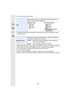 Page 7575
2. Primeros pasos/operaciones básicas
•Cuando [Modo silencioso] está ajustado en [ON], [Volumen bip] y [Vol. Obturador-E] están 
ajustados en [OFF].
•Cuando [Modo del visor] se fija en [30fps] la calidad de la imagen en la pantalla de grabación 
puede ser peor cuando se fija en [60fps], pero esto no afecta la imagen grabada.
•En un entorno oscuro, la velocidad de fotogramas puede ser inferior.•El visor está fijado en [60fps].
•Cuando se usa el adaptador de CA (opcional), [Modo del visor] se fija a...