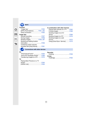 Page 1111
Connect“ Image App ” .................................. P252
[WPS (Push-Button)] ............. P281, 283
Direct connection ........................... P283
Image App Remote recording .......................... P257
Saving images ............................... P258
Sending images ..................... P259, 267
Sending and adding location
information ..................................... P259
Combining motion pictures 
recorded with [Snap Movie] ........... P261In combination with other devices...