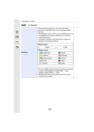 Page 213213
9. Using Menu Functions
[Peaking]In-focus portions (portions on the screen with clear 
outlines) are highlighted when focus is being adjusted 
manually.
•When [Detect Level] in [SET]
 is set to [HIGH], portions to 
be highlighted are reduced, allowing you to achieve a 
more precise focus.
•Changing the [Detect Level] setting also changes the 
[Display Color] setting as follows.
•Each time [ ] in [ ] is touched, the setting is switched 
in order of [ON] ([Detect Level]: [LOW]) > [ON] 
(
[Detect...