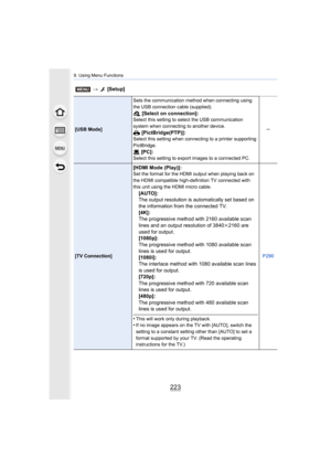 Page 223223
9. Using Menu Functions
[USB Mode]Sets the communication method when connecting using 
the USB connection cable (supplied).
y
 [Select on connection]:Select this setting to select the USB communication 
system when connecting to another device.
{ [PictBridge(PTP)]:Select this setting when connecting to a printer supporting 
PictBridge.
z [PC]:Select this setting to export images to a connected PC. s
[TV Connection]
[HDMI Mode (Play)]:Set the format for the HDMI output when playing back on 
the HDMI...