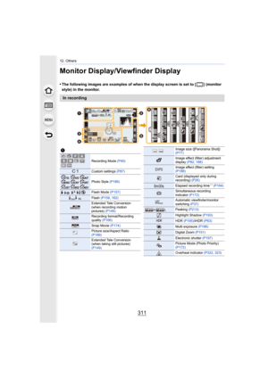 Page 311311
12. Others
Monitor Display/Viewfinder Display
•The following images are examples of when the display screen is set to [ ] (monitor 
style) in the monitor.
In recording
BKT
BKT
BKT
BKT
BKT
BKT98
98
98200
0020020060
60
60
3.5
3.5
3.5
AFS
AFS
AFSBKT
BKT
BKTL4:3
0
0AEL
AEL
AELBKT
BKT
BKTAWB
AWB
AWB
60 p0é0å0ó
0é0å0ó
I
ISO
SS
S
SS
F
FMINI
MINI
MINI
MINI··




Fn10
Fn10
Fn10
Fn10 Fn7 Fn7 Fn7
Fn7 Fn6 Fn6 Fn6
Fn6
Fn8 Fn8 Fn8
Fn8
Fn9
Fn9
Fn9
Fn9SNAP
SNAPSNAP
1
Recording Mode  (P40)
Custom settings...