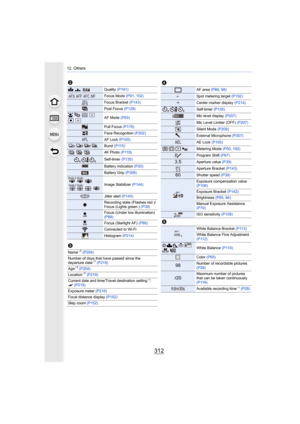 Page 31212. Others
312
2
A›Quality (P191)
Focus Mode  (P91, 102)
Focus Bracket (P143)
Post Focus  (P129)
š  
ØAF Mode  (P93)
Pull Focus  (P176)
Face Recognition  (P202)
AF Lock (P105)
Burst (P115)
4K Photo  (P118)
Self-timer  (P135)
 Battery indication  (P20)
Battery Grip (P309)
Image Stabilizer  (P144)
Jitter alert (P145)
Recording state (Flashes red.)/
Focus (Lights green.)  (P39)
Focus (Under low illumination) 
(P89)
Focus (Starlight AF) (P89)
Connected to Wi-Fi
Histogram (P214)
3
Name¢2 (P204)
Number of days...