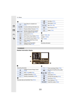 Page 31612. Others
316
Detailed information display
In playback
3
Clear Retouch completed icon 
(P237)
Currently retrieving information icon
Playback (Motion Pictures) (P178)
Number of days that have passed 
since the departure date (P219)
Upload (Wi-Fi) (P274)
Burst Picture Group Display  (P183)
Focus Bracket Group Display  (P183)
[Time Lapse Shot] Picture Group 
Display (P183)
Display for the Stop Motion 
Animation Group  (P183)
67$<
Sub Menu (P274)
Silent Mode  (P209)
Age (P204 , 205)
Multi Playback...