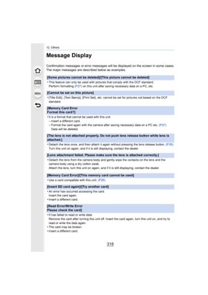 Page 31812. Others
318
Message Display
Confirmation messages or error messages will be displayed on the screen in some cases.
The major messages are described below as examples.
[Some pictures cannot be deleted]/[This picture cannot be delet ed]
•
This feature can only be used with pictures that comply with th e DCF standard.
Perform formatting  (P27) on this unit after saving necessary data on a PC, etc.
[Cannot be set on this picture]
•
[Title Edit] , [Text Stamp], [Print Set] , etc. cannot be set for...
