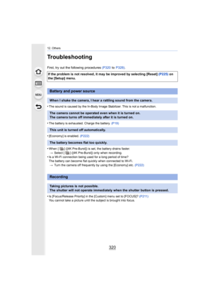 Page 32012. Others
320
Troubleshooting
First, try out the following procedures (P320 to P328) .
•
The sound is caused by the In-B ody Image Stabilizer. This is not a malfunction.
•The battery is exhausted. Charge the battery.  (P19)
•[Economy] is enabled. (P222)
•When [ ] ([4K Pre-Burst]) is set, the battery drains faster.
> Select [ ] ([4K Pre-Burst]) only when recording.
•Is a Wi-Fi connection being used for a long period of time?
The battery can become flat quickly when connected to Wi-Fi.
> Turn the camera...