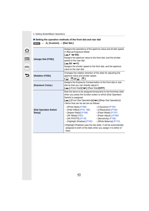 Page 4343
2. Getting Started/Basic Operations
∫Setting the operation methods of the front dial and rear dial
>  [Custom]  > [Dial Set.]
[Assign Dial (F/SS)] Assigns the operations of the aperture value and shutter speed 
in Manual Exposure Mode.
[F SS]:
Assigns the aperture value to the front dial, and the shutter 
speed to the rear dial.
[SS F]:
Assigns the shutter speed to the front dial, and the aperture 
value to the rear dial.
[Rotation (F/SS)]
Changes the rotation direction of the dials for adjusting the...