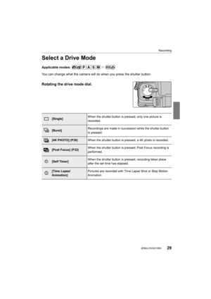 Page 2929
Recording
 (ENG) DVQX1003
Select a Drive Mode
Applicable modes: 
You can change what the camera will do when you press the shutter button.
Rotating the drive mode dial.
 
[Single]When the shutter button is pressed, only one picture is 
recorded.
[Burst]Recordings are made in succession while the shutter button 
is pressed.
[4K PHOTO] (P30)
When the shutter button is pressed, a 4K photo is recorded.
[Post Focus] (P32)When the shutter button is pressed, Post Focus recording is 
performed.
[Self...