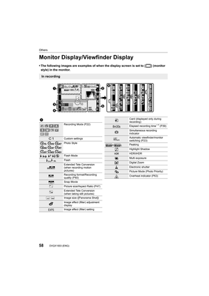 Page 58Others
58DVQX1003 (ENG) 
Monitor Display/Viewfinder Display
•The following images are examples of when the display screen is set to [ ] (monitor 
style) in the monitor.
In recording
BKT
BKT
BKT
BKT
BKT
BKT98
98
98200
0020020060
60
60
3.5
3.5
3.5
AFS
AFS
AFSBKT
BKT
BKTL4:3
0
0AEL
AEL
AELBKT
BKT
BKTAWB
AWB
AWB
60 p0é0å0ó
0é0å0ó
ISO
ISO
SS
SS
SS
F
FMINI
MINI
MINI
MINI··




Fn10
Fn10
Fn10
Fn10 Fn7 Fn7 Fn7
Fn7 Fn6 Fn6 Fn6
Fn6
Fn8 Fn8 Fn8
Fn8
Fn9
Fn9
Fn9
Fn9SNAP
SNAPSNAP
1
Recording Mode (P22)
Custom...