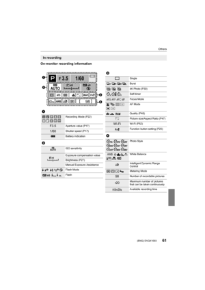 Page 6161
Others
 (ENG) DVQX1003
On-monitor recording information
In recording
1
Recording Mode (P22)
F3.5Aperture value (P17)
1/60Shutter speed (P17)
Battery indication
2
ISO sensitivity
Exposure compensation value
Brightness (P27)
Manual Exposure Assistance
‰ŒFlash Mode
Flash
F 3.5
98AW B
1/60
000
Fn
ISOAUTO
Wi-FiL4:3AFS
AFS



C11EXPS
EXPS
ISOAUTO
00
WL
3
Single
Burst
4K Photo (P30)
Self-timer
Focus Mode
š
ØAF Mode
A›Quality (P48)
Picture size/Aspect Ratio (P47)
Wi-FiWi-Fi (P52)
Function button setting...