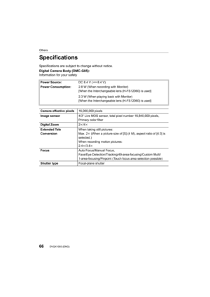 Page 66Others
66DVQX1003 (ENG) 
Specifications
Specifications are subject to change without notice.
Digital Camera Body (DMC-G85):
Information for your safety
Power Source:DC 8.4V ( 8.4V)
Power Consumption: 2.8 W (When recording with Monitor)
[When the Interchangeable lens (H-FS12060) is used]
2.3 W (When playing back with Monitor)
[When the Interchangeable lens (H-FS12060) is used]
Camera effective pixels 16,000,000 pixels
Image sensor 4/3q Live MOS sensor, total pixel number 16,840,000 pixels, 
Primary color...