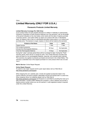Page 7474
Others
DVQX1003 (ENG) 
Limited Warranty (ONLY FOR U.S.A.)
Panasonic Products Limited Warranty
Limited Warranty Coverage (For USA Only) 
If your product does not work properly because of a defect in materials or workmanship, 
Panasonic Corporation of North America (referred to as “the war rantor”) will, for the length 
of the period indicated on the chart below, which starts with the date of original purchase 
(“warranty period”), at its option either (a) repair your produ ct with new or refurbished...