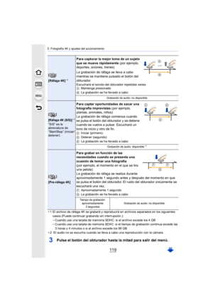 Page 119119
5. Fotografía 4K y ajustes del accionamiento
¢1 El archivo de ráfaga 4K se grabará y reproducirá en archivos s eparados en los siguientes 
casos (Puede continuar grabando sin interrupción.):
–Cuando use una tarjeta de memoria SDHC: si el archivo excede lo s 4 GB–Cuando use una tarjeta de memoria SDXC: si el tiempo de grabaci ón continua excede las 
3 horas y 4 minutos o si el archivo excede los 96 GB
¢ 2  El audio no se escucha cuando se lleva a cabo una reproducció n con la cámara.
3Pulse el botón...